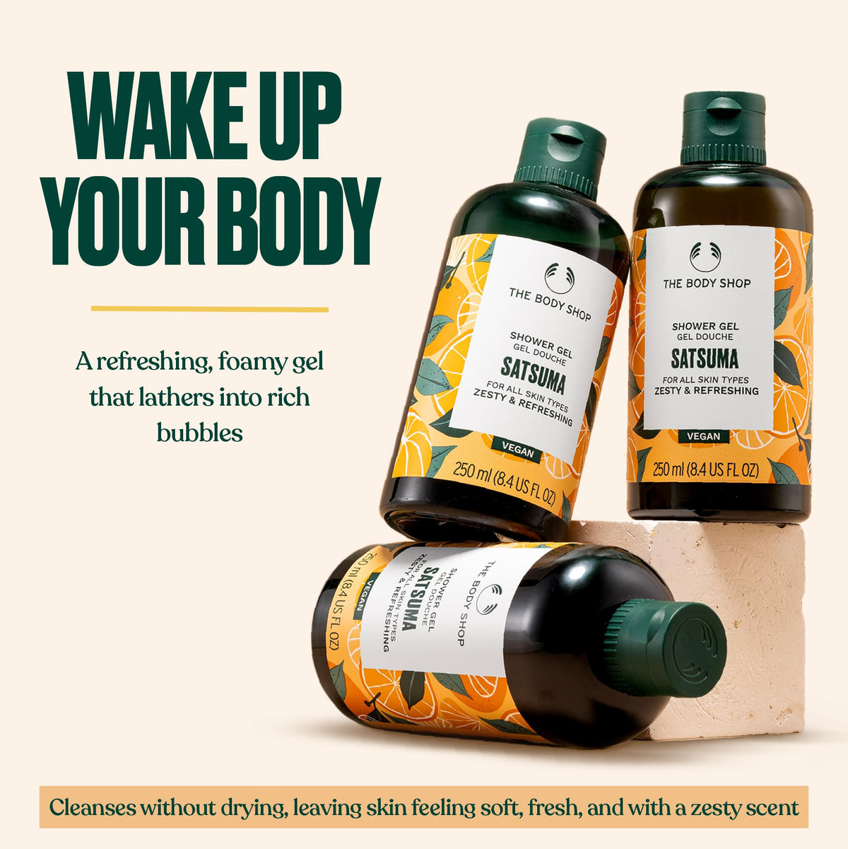 The Body Shop Satsuma Shower Gel lather hints at juicy, uplifting citrus fragrance.