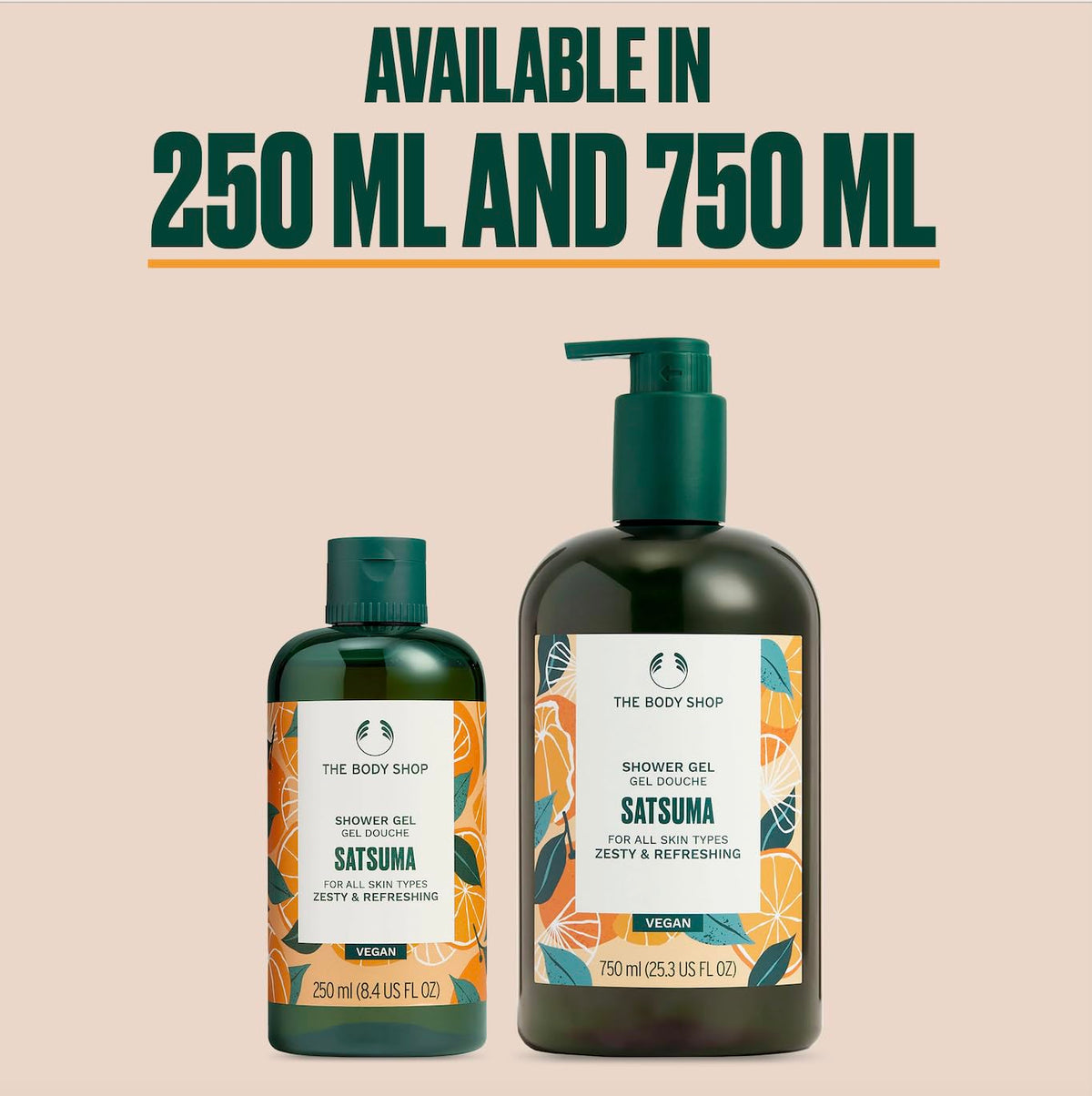The Body Shop Satsuma Shower Gel packaging showcases eco-friendly design.
