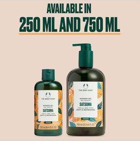 The Body Shop Satsuma Shower Gel packaging showcases eco-friendly design.