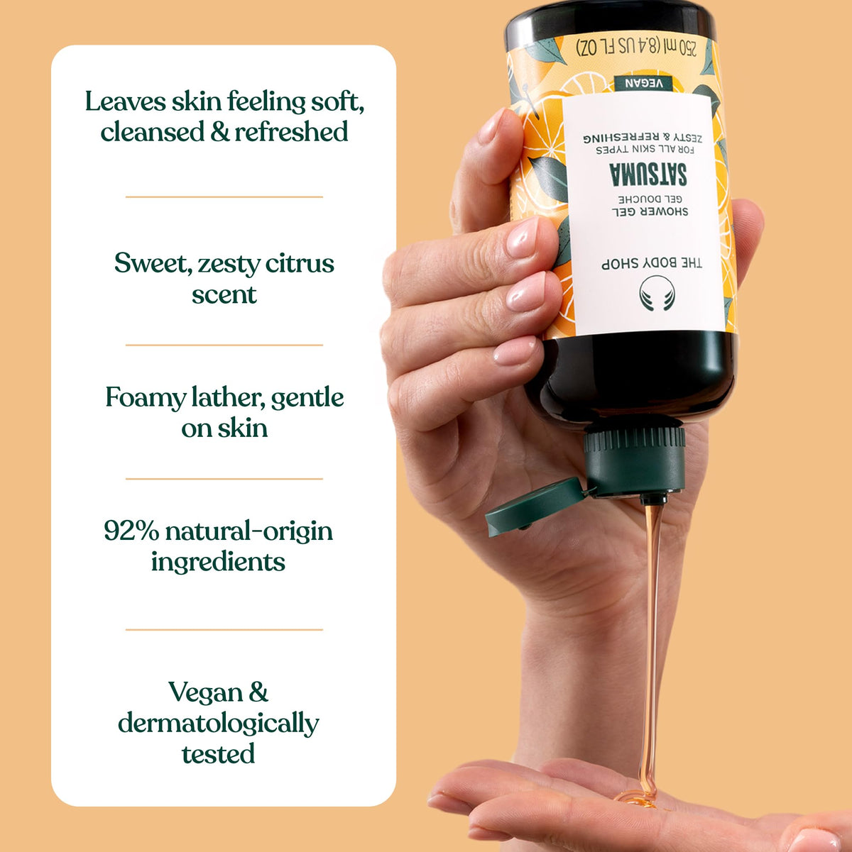 The Body Shop Satsuma Shower Gel pump-action nozzle suggests easy, quick use.