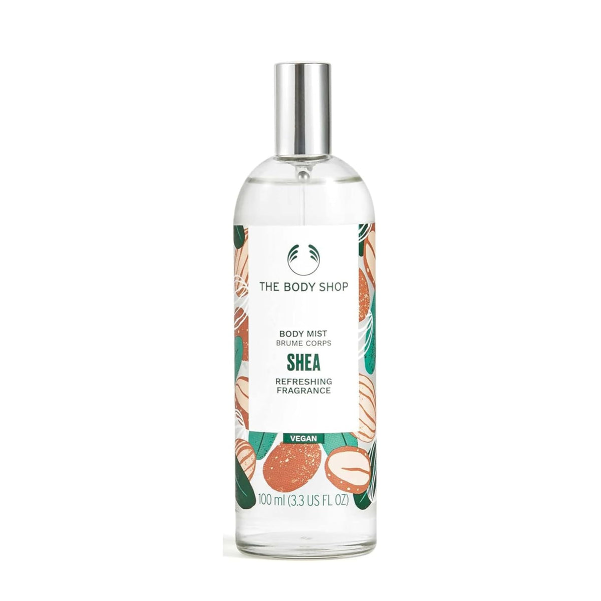 The Body Shop Shea Body Mist bottle showing a cooling nutty scent.