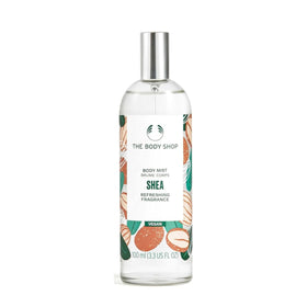 The Body Shop Shea Body Mist bottle showing a cooling nutty scent.