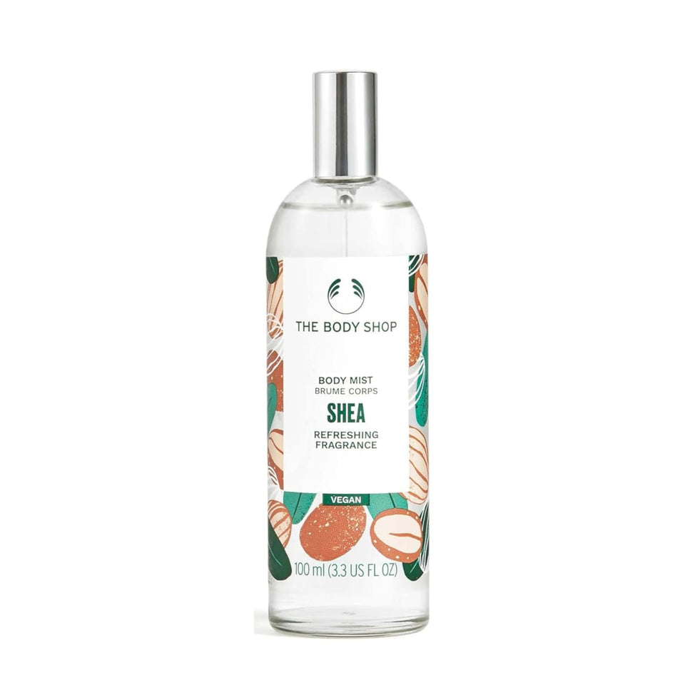 The Body Shop Shea Body Mist bottle showing a cooling nutty scent.