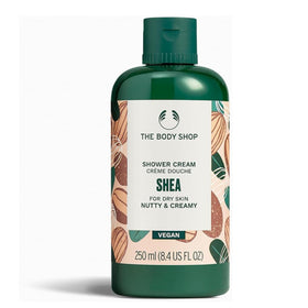 The Body Shop Shea Shower Cream bottle pour for a creamy cleanse and soft skin