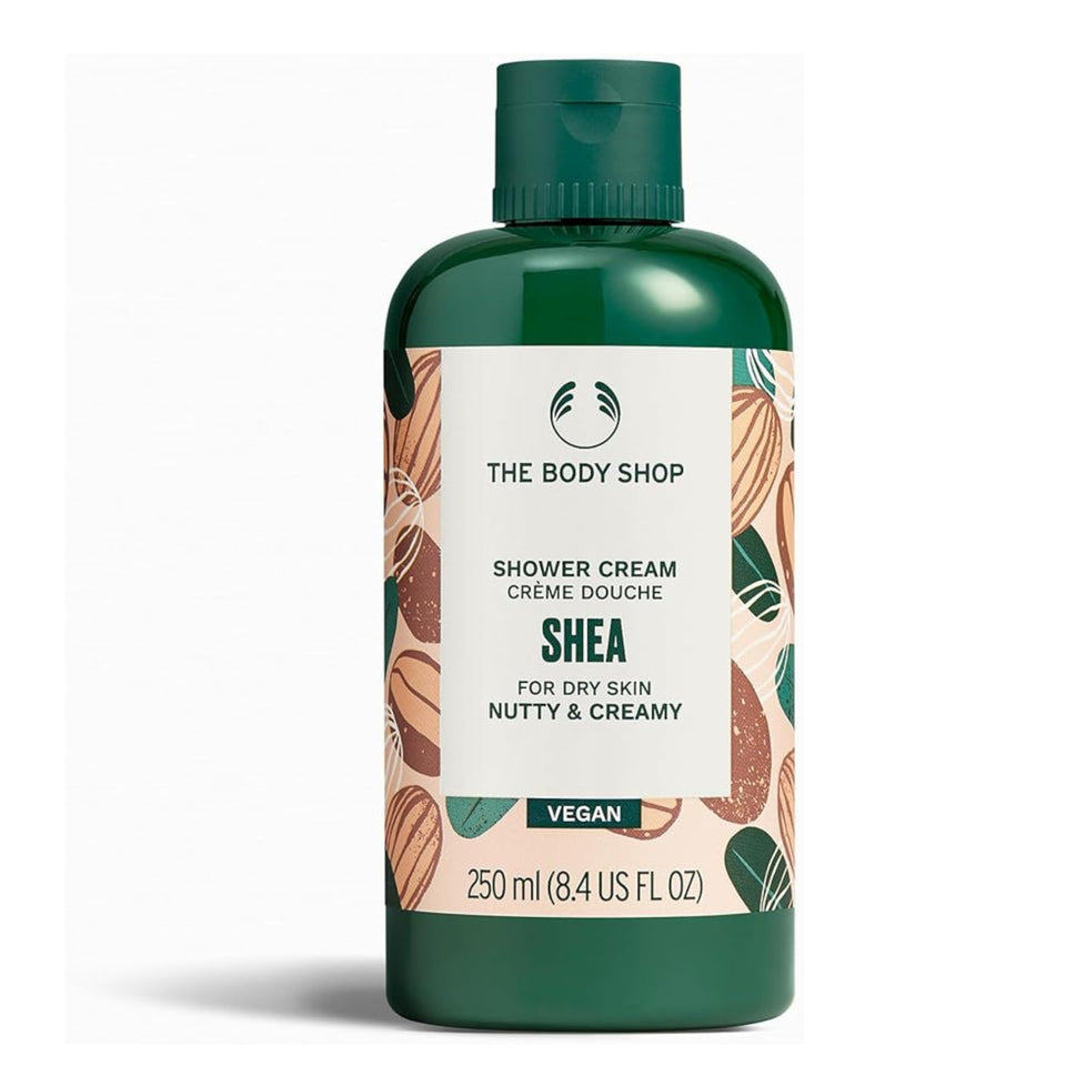 The Body Shop Shea Shower Cream bottle pour for a creamy cleanse and soft skin
