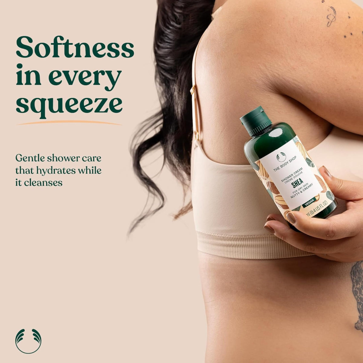 The Body Shop Shea Shower Cream vegan-certified label visible on packaging