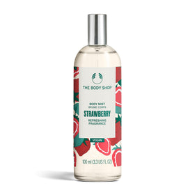 The Body Shop Strawberry Body Mist bottle front shows a fruity, refreshing scent.