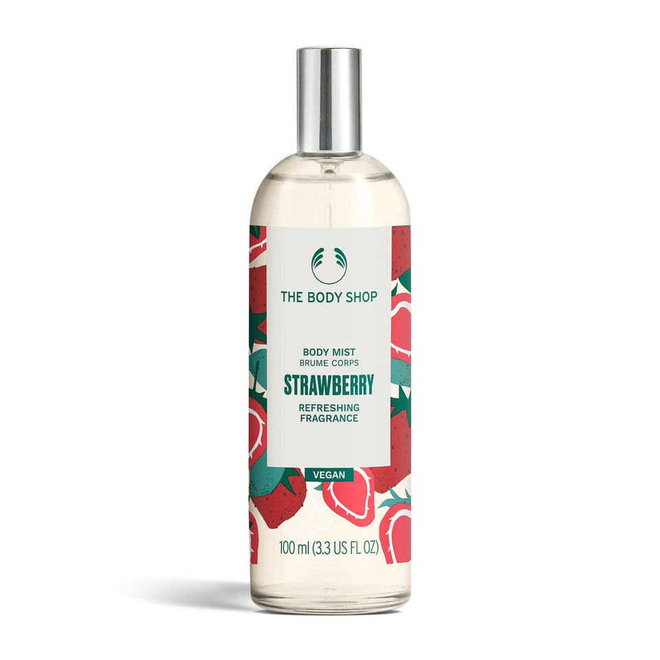 The Body Shop Strawberry Body Mist bottle front shows a fruity, refreshing scent.