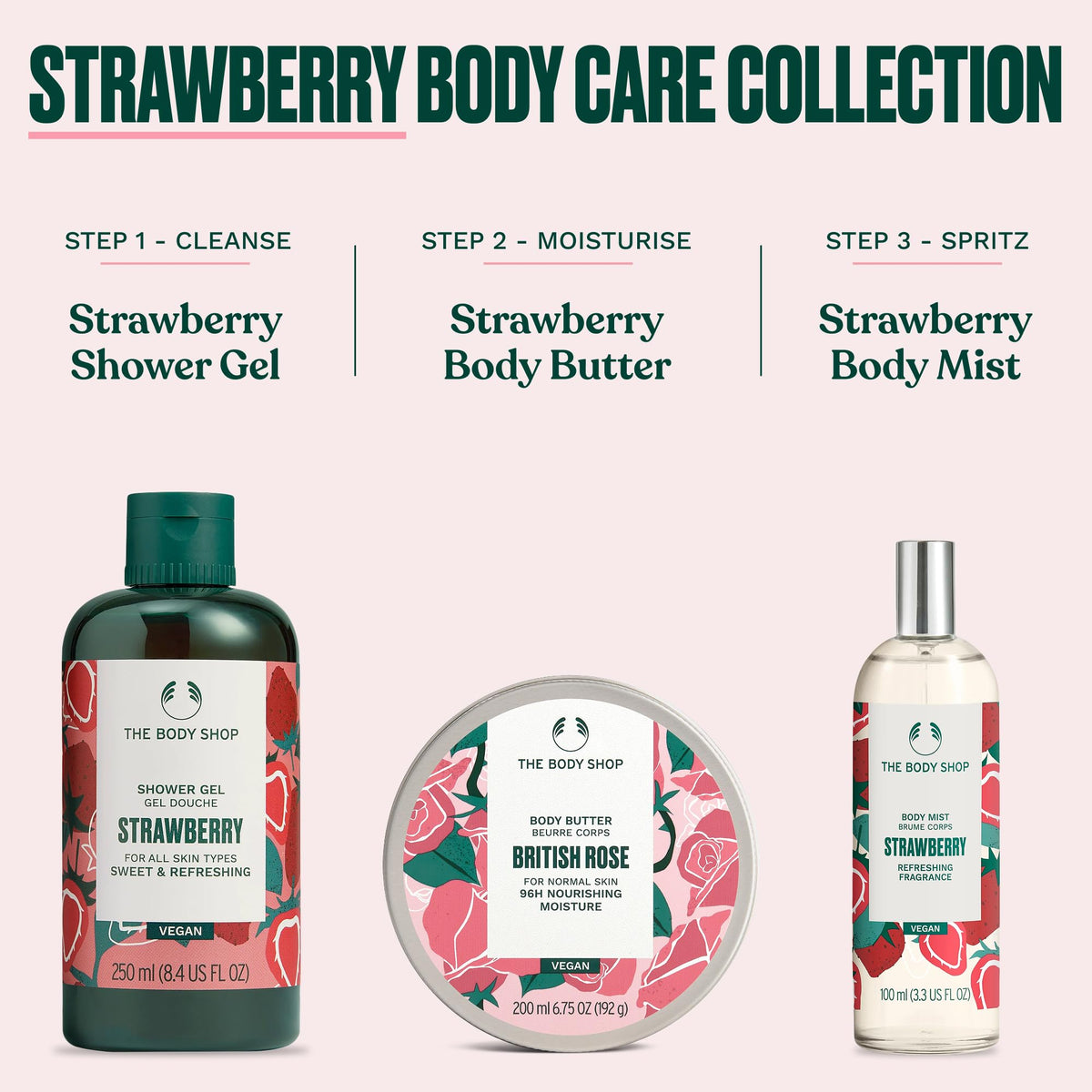 The Body Shop Strawberry Body Mist design shows a vibrant strawberry motif.
