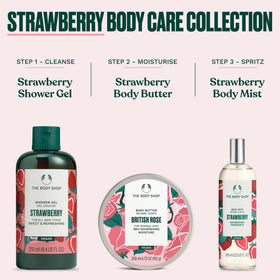 The Body Shop Strawberry Body Mist design shows a vibrant strawberry motif.