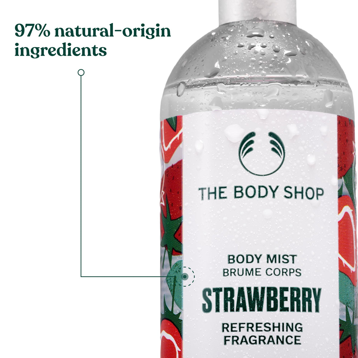 The Body Shop Strawberry Body Mist ingredients label highlights natural origin.
