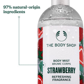 The Body Shop Strawberry Body Mist ingredients label highlights natural origin.