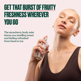 The Body Shop Strawberry Body Mist packaging features 31% recycled glass.