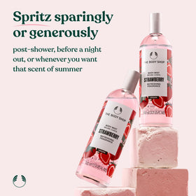 The Body Shop Strawberry Body Mist spray application for cooling, light fragrance.