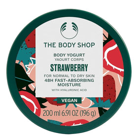 The Body Shop Strawberry Body Yogurt jar shows instant absorption on damp skin.