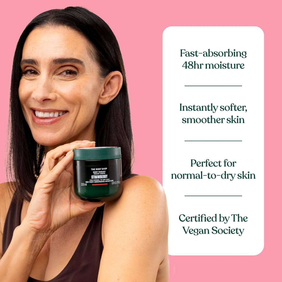 The Body Shop Strawberry Body Yogurt vegan ingredients highlighted for gentle nourishment.