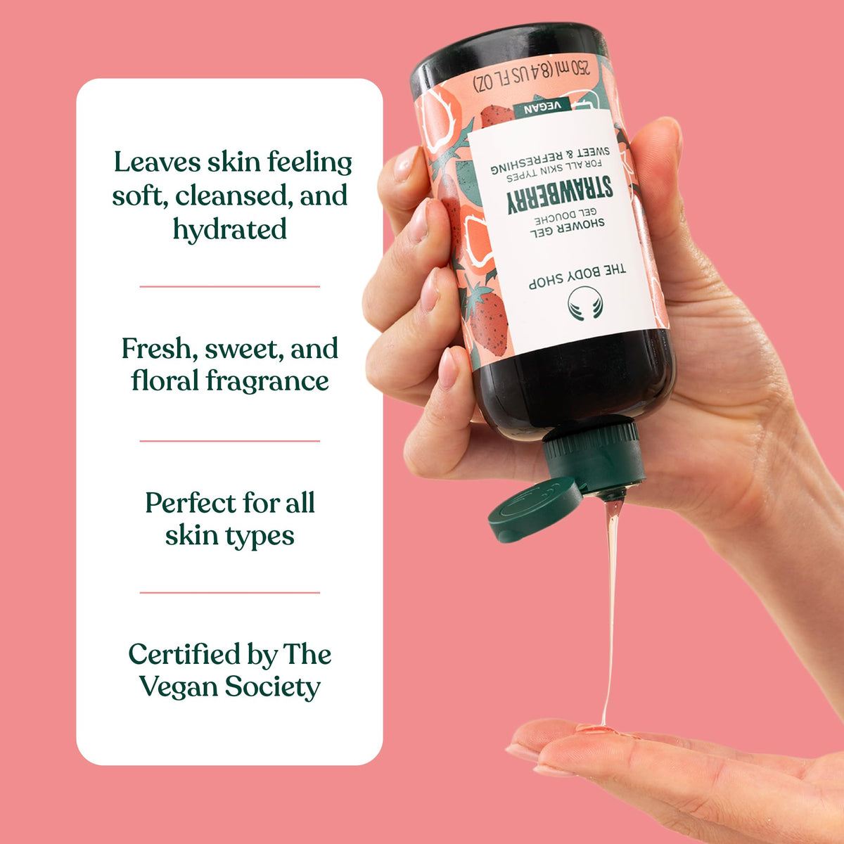 The Body Shop Strawberry Shower Gel aloe vera sourced from Mexico enhances hydration.
