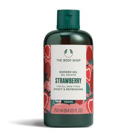 The Body Shop Strawberry Shower Gel bottle foaming for a rich, refreshing lather.