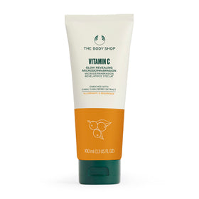 The Body Shop Vitamin C Glow Boosting Microdermabrasion bottle with sleek packaging.