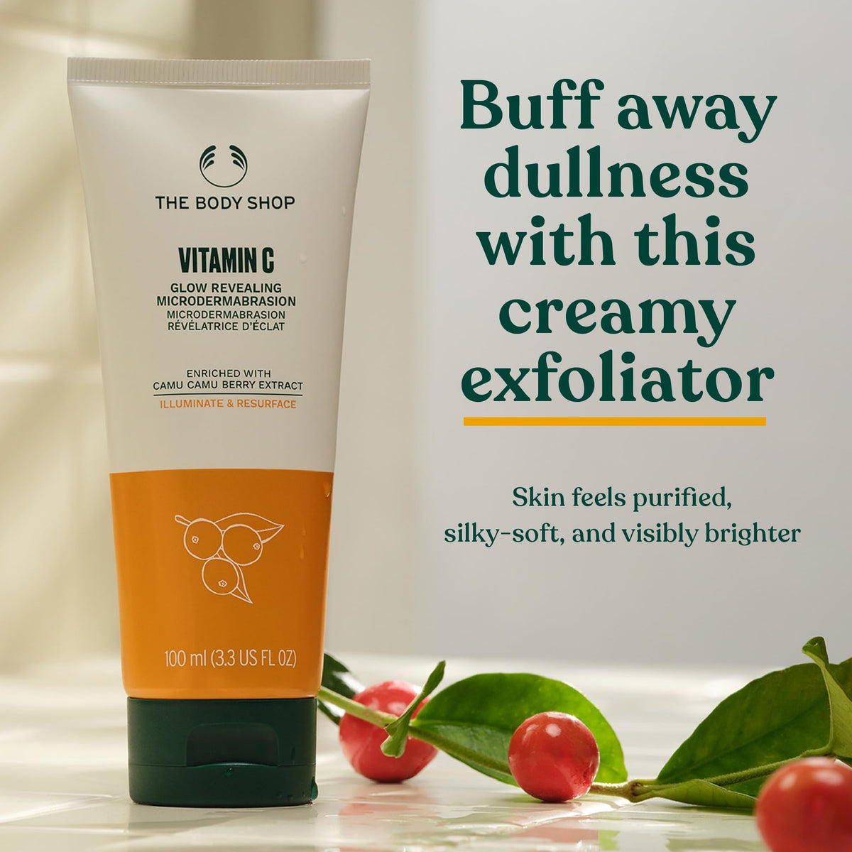 The Body Shop microdermabrasion texture close-up shows fine exfoliating particles for gentle renewal.