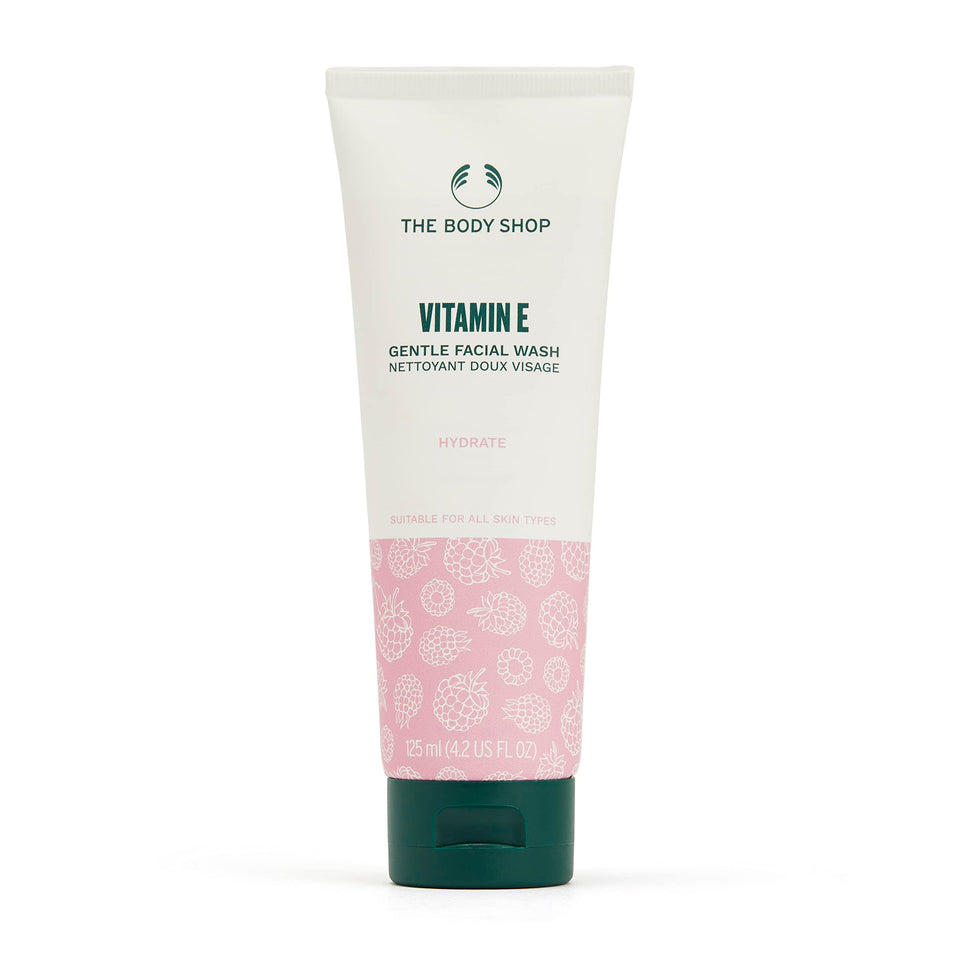 The Body Shop Vitamin E Gentle Facial Wash bottle promotes gentle cleansing and hydration.