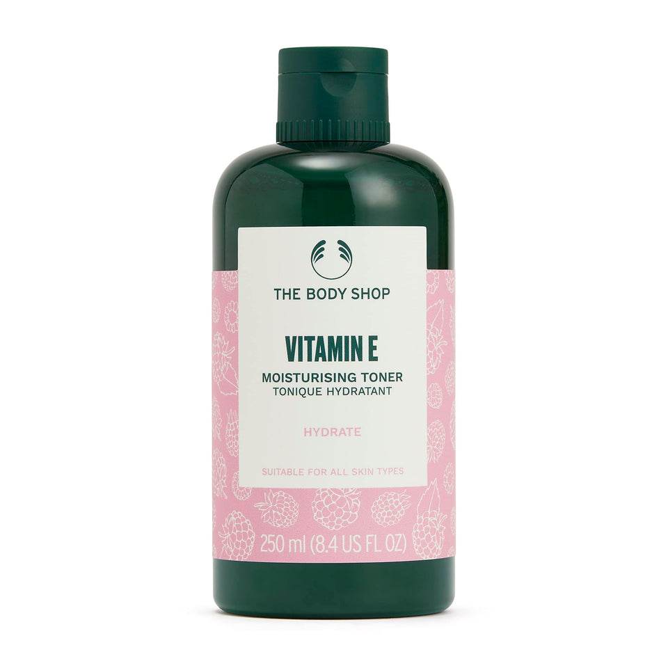 The Body Shop Vitamin E Moisturizing Toner bottle close-up shows hydrating post-cleanse care.