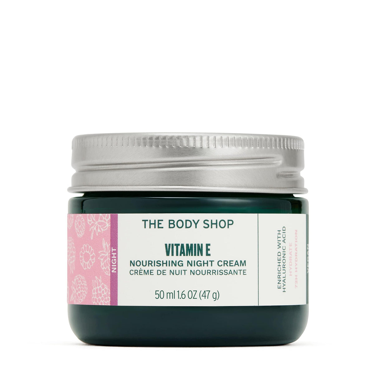 The Body Shop Vitamin E Night Cream jar close-up showing natural-origin ingredients.