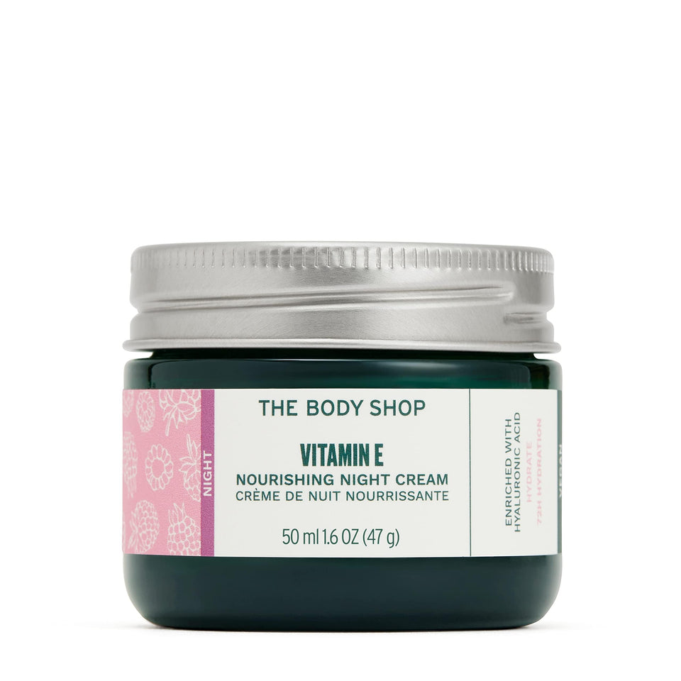 The Body Shop Vitamin E Night Cream jar close-up showing natural-origin ingredients.