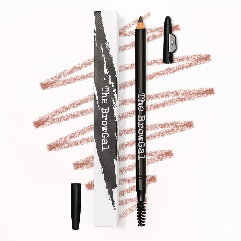 The BrowGal eyebrow pencil tip closeup showing precise hair-like strokes for natural definition