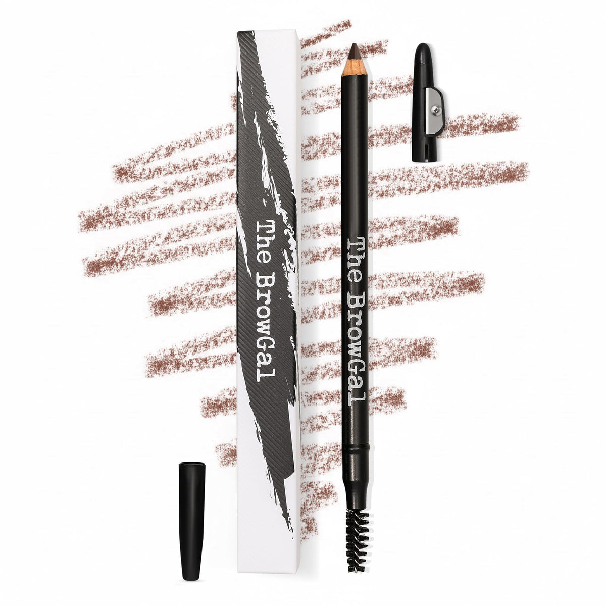 The BrowGal precision-tip close-up shows hair-like brow strokes for precise shaping