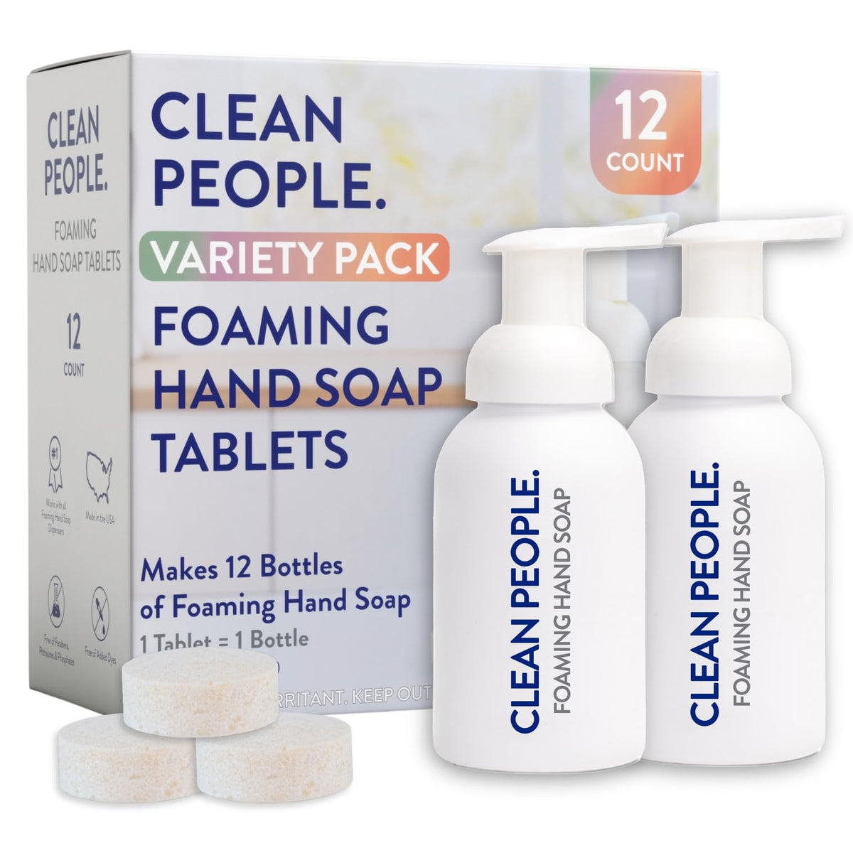 The Clean People foaming hand soap tablets packaging highlights a mess-free, eco-friendly alternative.
