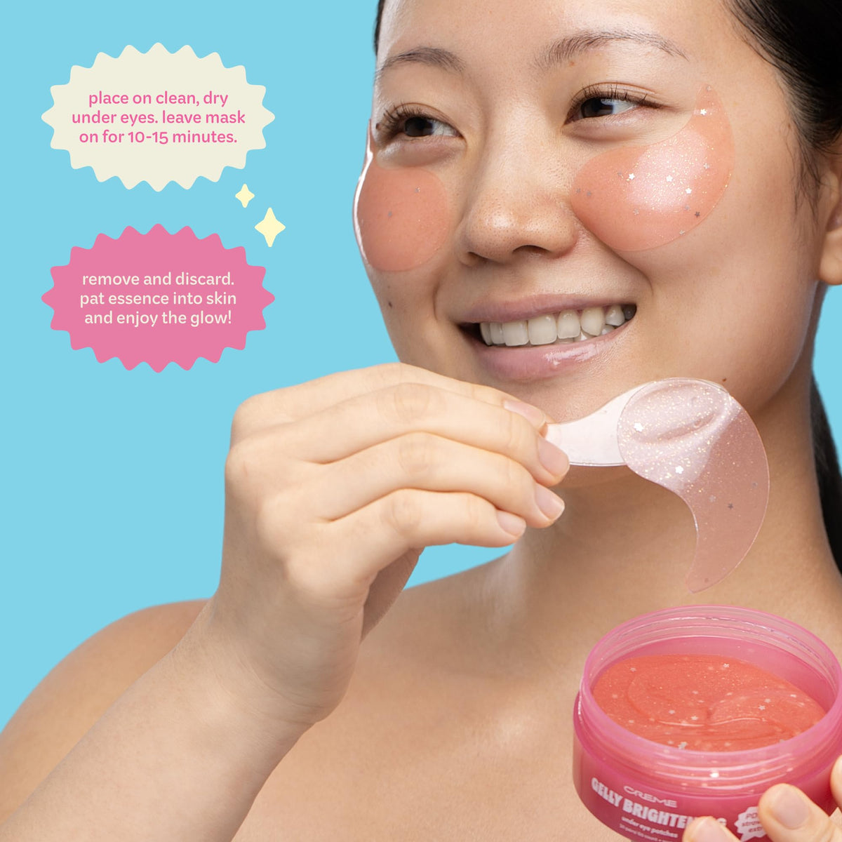 The Crème Shop Gelly patches close-up reveal hydrogel texture that hugs the under-eye area.
