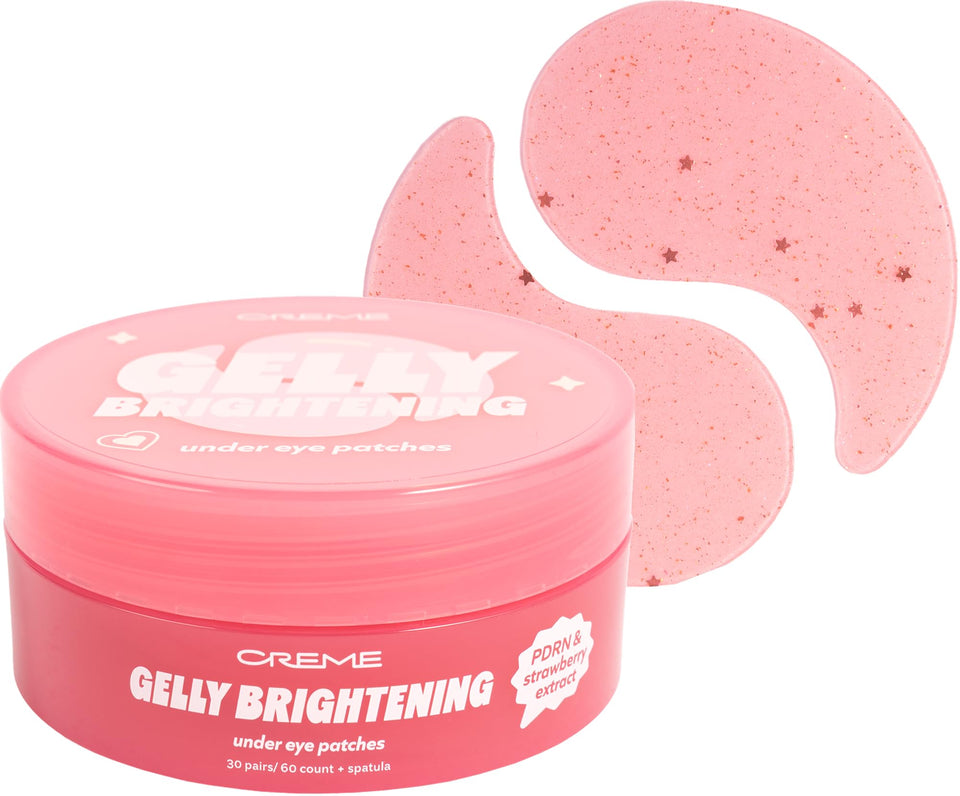 The Crème Shop Gelly Brightening Under Eye Patches in the jar show hydrating formula for refreshed under-eye skin.