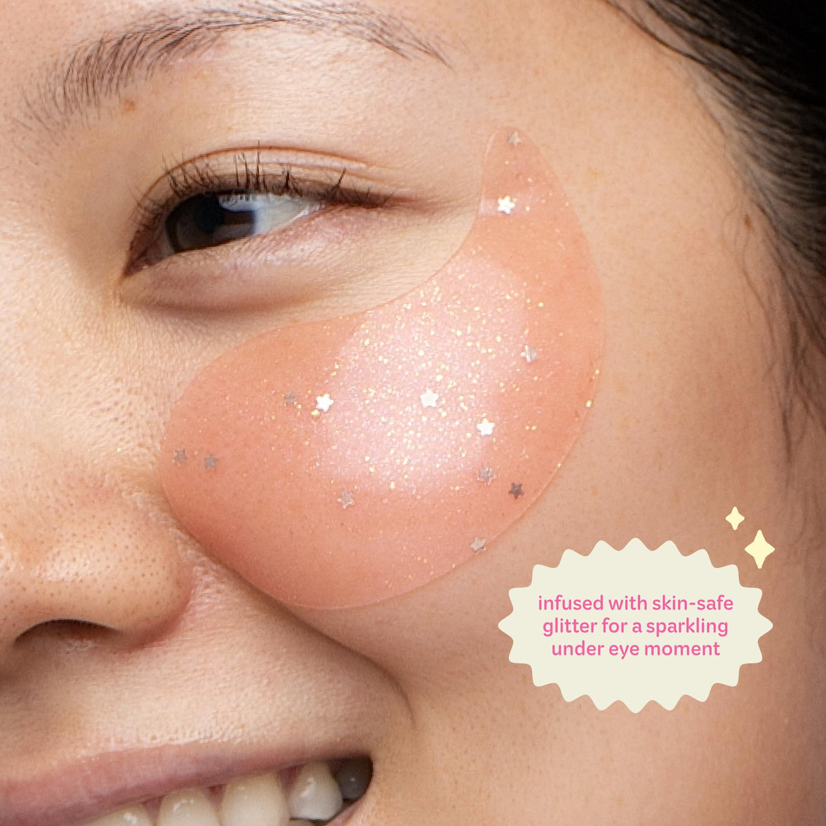 The Crème Shop Gelly Brightening Under Eye Patches in action highlighting strawberry extract glow.