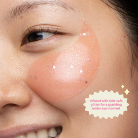 The Crème Shop Gelly Brightening Under Eye Patches in action highlighting strawberry extract glow.