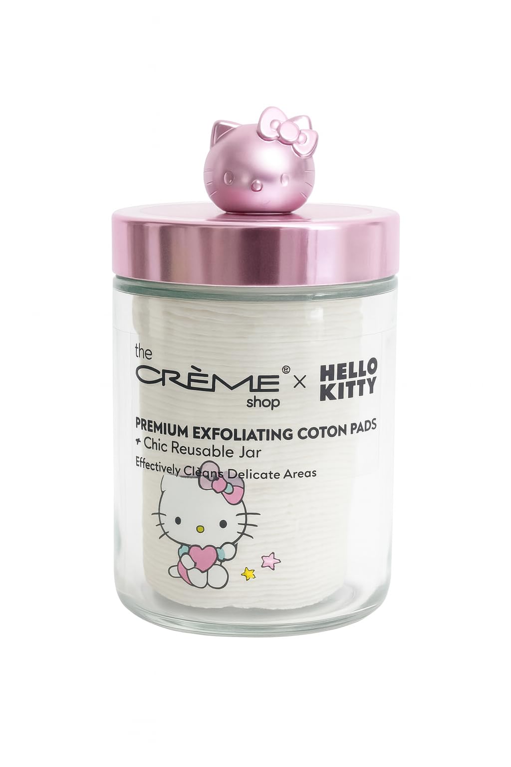 The Crème Shop Hello Kitty reusable glass jar keeps swabs and pads organized.