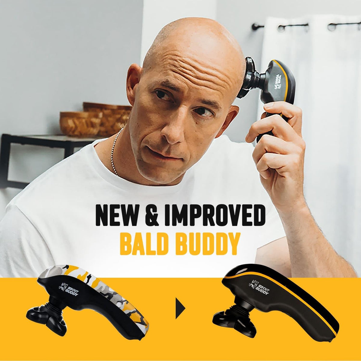 The Cut Buddy waterproof head shaver supports wet and dry grooming.