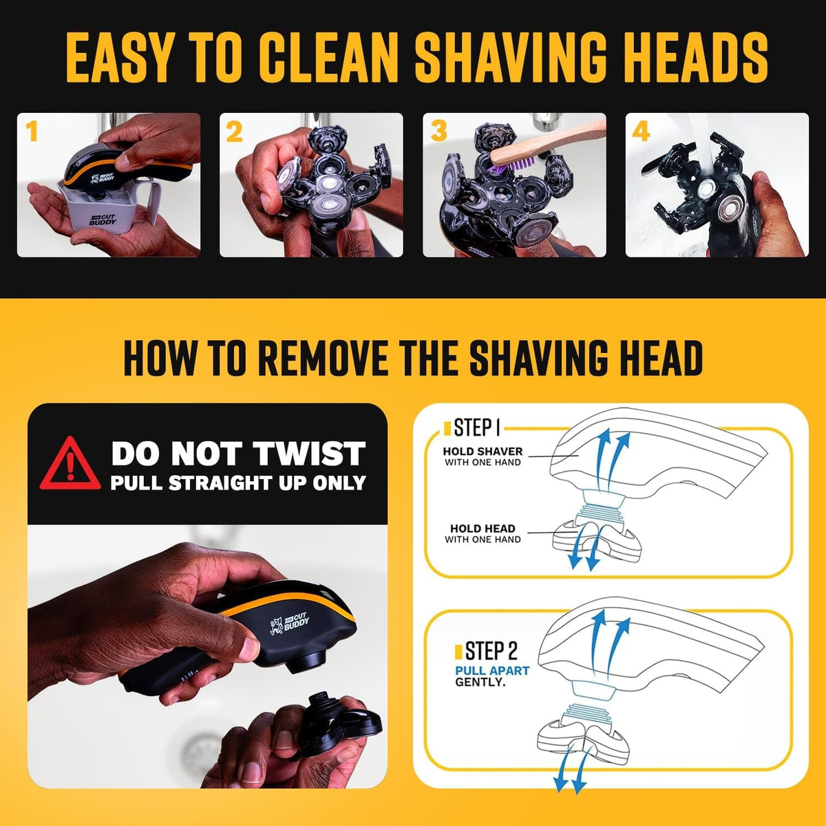 The Cut Buddy shaver cleans easily to prevent buildup.