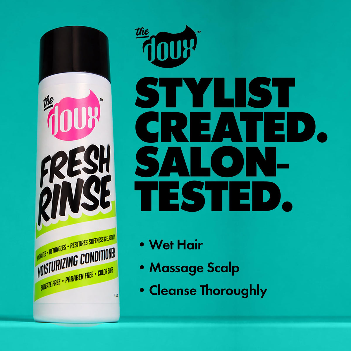 The Doux Fresh Rinse bottle close-up highlights shea butter for deep hydration