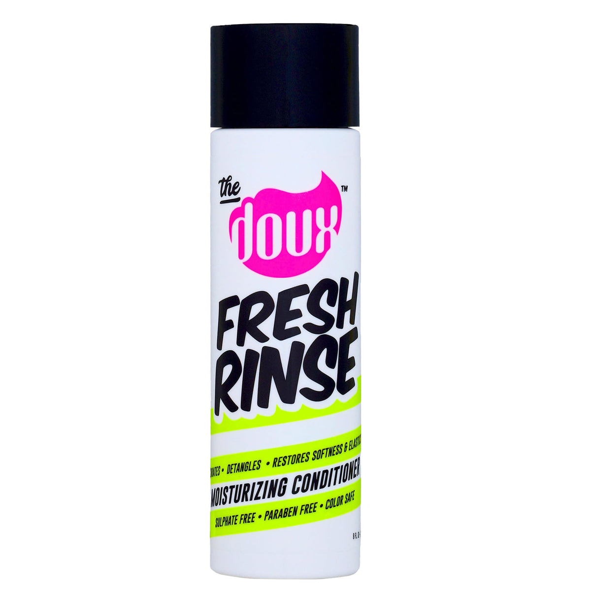 The Doux Fresh Rinse bottle front delivers intense moisture for curls