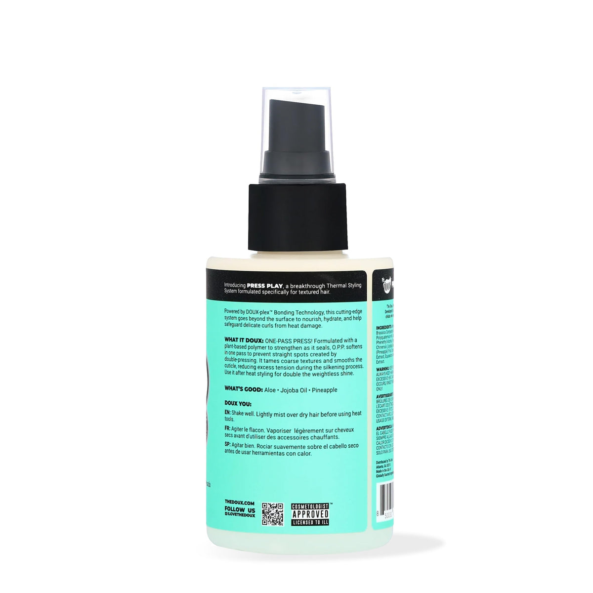 The Doux O.P.P. ONE-PASS PRESS bottle back label with ingredients and usage details.