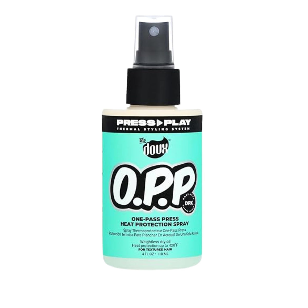 The Doux O.P.P. ONE-PASS PRESS bottle front, heat protection for smooth styling.