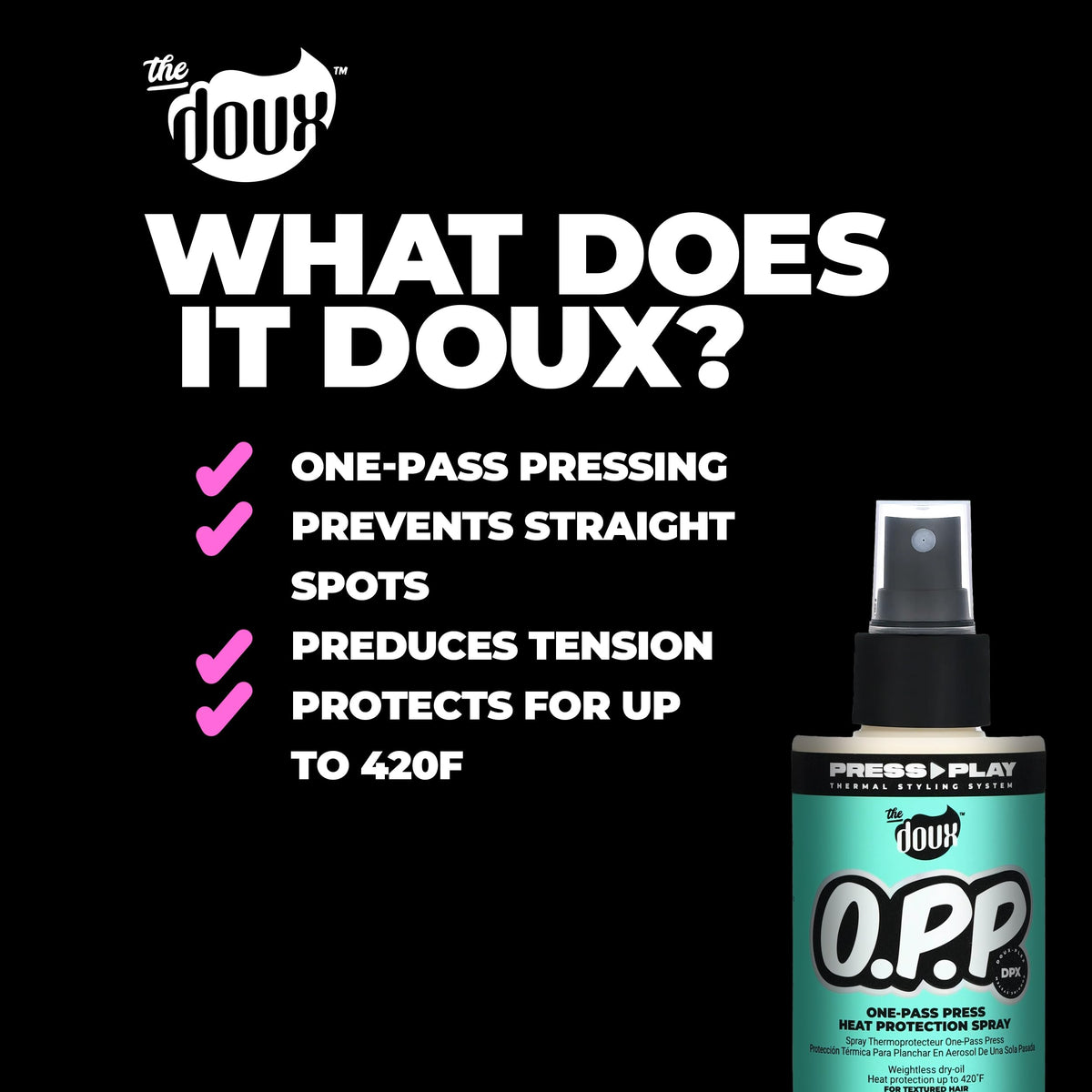 The Doux O.P.P. ONE-PASS PRESS on curly hair delivering frizz control and smoother texture.