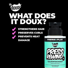 The Doux PRESS REWIND bottle back label focusing on bond-strengthening and sulfate-free formula