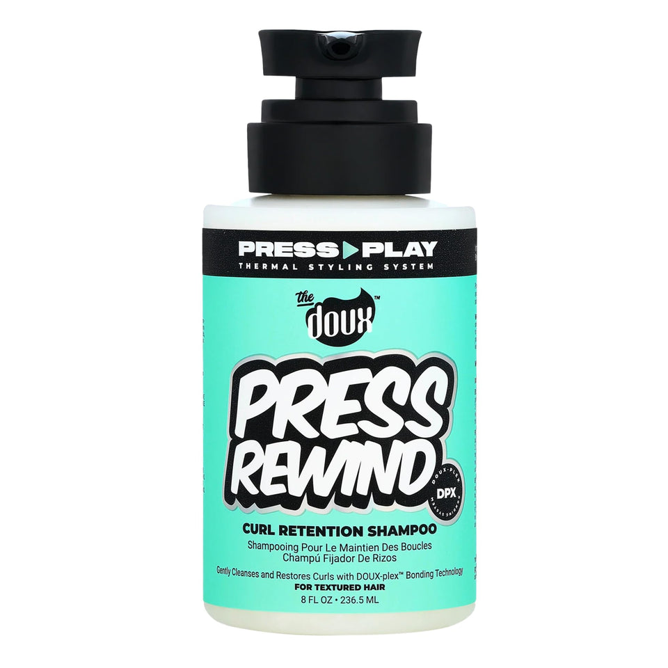 The Doux PRESS REWIND bottle front showcasing a hydrating curl cleanser for curly hair