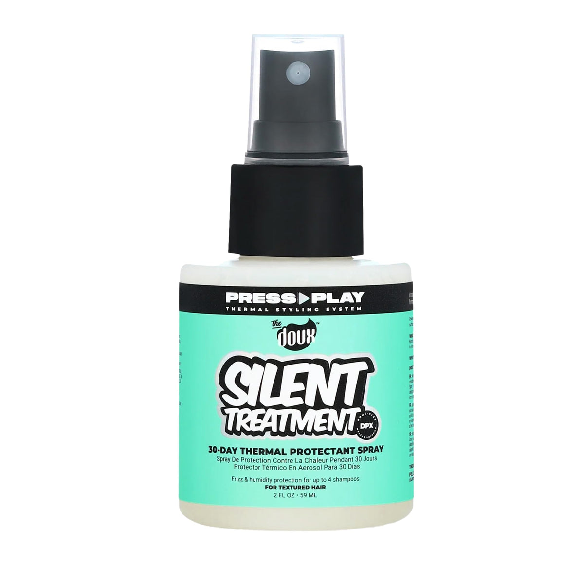 The Doux Silent Treatment bottle close-up showing frizz control possibilities.