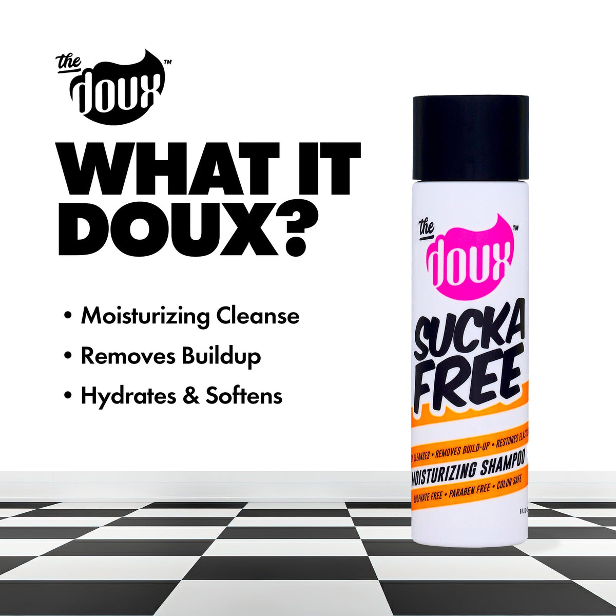 The Doux SUCKA FREE curl texture shot demonstrates frizz control and shine.