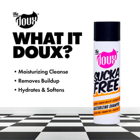 The Doux SUCKA FREE curl texture shot demonstrates frizz control and shine.