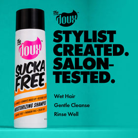The Doux SUCKA FREE moisturizing shampoo close-up shows shea butter for lasting hydration.