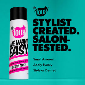 The Doux WE WANT EASY Texture Tamer bottle side view showing compact design